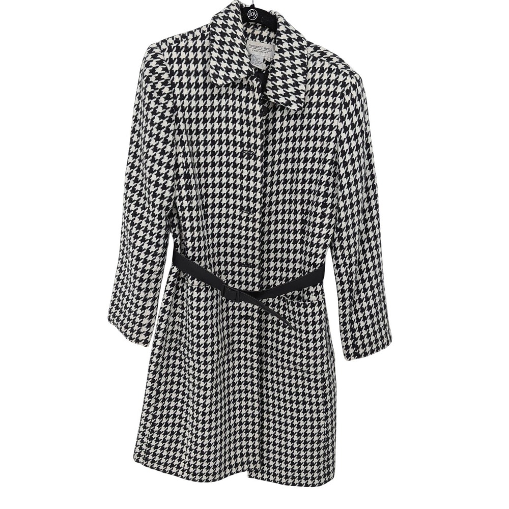 Newport News Houndstooth Coat Women 6 Black White Wool Blend Belted Classic